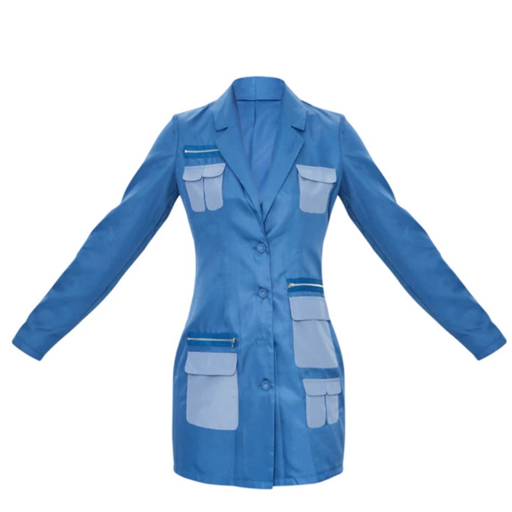 Blue Woven Multi Pocket Zip Detail Blazer Dress